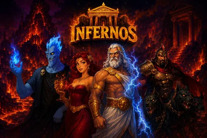 Hades, Perséfone, Zeus y Cerbero ante las puertas de Infernos